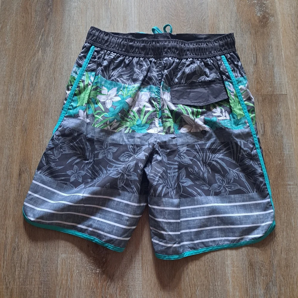 Laguna Beach Trunks Green Grey White Swim Floral Stripes Drawstring Men's Size S